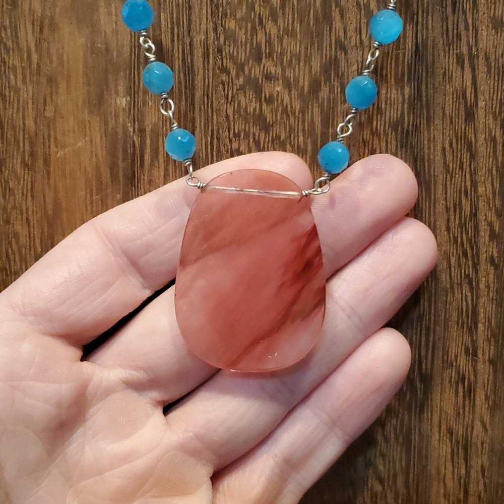 16 Inch 925 Sterling Silver Peach And Blue Glass Necklace